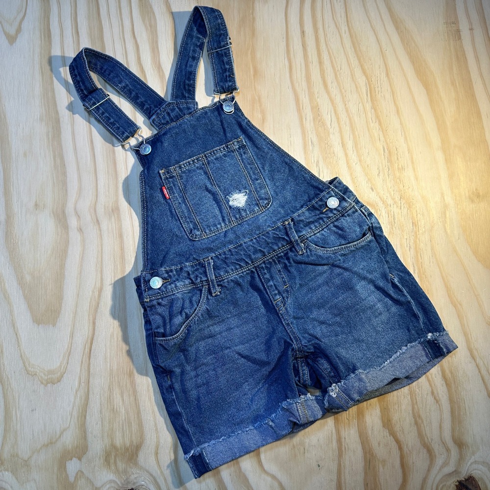 Levis Girls Blue Denim Shortalls Size 6 Distressed Raw Hem Overalls